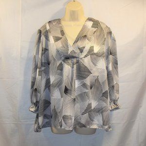 Covington Womens Top Blouse Size XL V-Neck 3/4 Sleeve Geometric Black White Gray